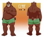 anthro belly big_belly biped brown_body brown_fur bulge butt clothed clothing eyewear feet fur glasses humanoid_hands looking_at_viewer male nipples overweight overweight_anthro overweight_male simple_background slightly_chubby smile solo standing text thick_thighs toes rsotart bear mammal clyde_(disambiguation) 2018 digital_media_(artwork) hi_res model_sheet