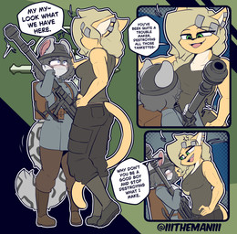angry anthro anti-tank_gun black_nose blue_eyes boots breasts clothed clothing dialogue duo ear_piercing eye_contact female femboy footwear fur green_eyes hair larger_female looking_at_another male muscular muscular_female piercing shoes size_difference smaller_male text the_man foxhole:_persistant_online_warfare bridge_(the_man) felid feline mammal pantherine snow_leopard comic english_text hi_res