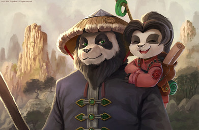 anthro backpack black_hair clothed clothing duo eyes_closed facial_hair female green_eyes hair male mountain plant scroll smile staff teeth text tongue tree tragobear blizzard_entertainment warcraft chen_stormstout li_li_stormstout bear mammal pandaren 2016 english_text niece_(lore) uncle_(lore) uncle_and_niece_(lore)