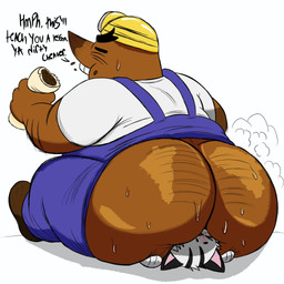 anthro armor big_butt bodily_fluids butt duo eating eyes_closed facesitting food hard_hat headgear helmet male sitting_on_another solo sweat nabb-kun animal_crossing nintendo mr._resetti eulipotyphlan felid feline mammal mole_(animal) 1:1 2026 hi_res