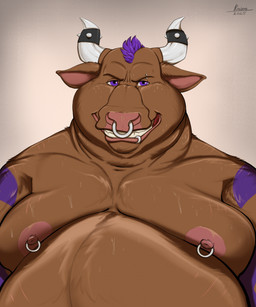 anthro belly big_belly bodily_fluids brown_body brown_fur facial_piercing fur hair horn male moobs musclegut muscular nipple_piercing nipples nose_piercing nose_ring overweight overweight_male piercing purple_eyes purple_hair ring_piercing solo sweat raivenderouthelion bovid bovine cattle mammal hi_res
