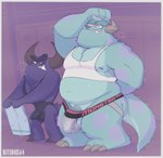 2024 anthro bitebox64 bulge clothing disney duo hi_res jockstrap johnny_worthington locker_room male monster monsters_inc pixar sulley underwear wrestling_singlet