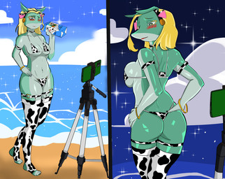 animal_print animal_print_bikini anthro areola armwear aroused beach big_breasts big_butt bikini breasts butt clothing container cow_print cow_print_bikini feet female green_body hair horn looking_at_viewer milk_carton milk_container missing_poster non-mammal_breasts pattern_bikini pattern_clothing pattern_swimwear solo swimwear tail text two-piece_swimsuit heronsfw my_hero_academia ippan_josei katsuki_bakugou canid canine fox horned_humanoid humanoid mammal english_text hi_res portrait signature three-quarter_portrait