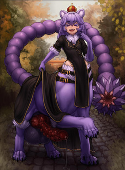 animal_genitalia animal_penis balls belt big_balls big_penis bodily_fluids breasts canine_genitalia canine_penis claws clothed clothing crown detailed_background digitigrade erection fur genital_fluids genitals glistening glistening_balls glistening_genitalia glistening_penis gynomorph hair headgear huge_balls huge_penis intersex knot nubbed_penis penis precum precum_puddle precum_string purple_body purple_ears purple_eyes purple_fur purple_hair purple_tail red_penis sheath shirt small_breasts solo tail tail_mouth topwear unusual_anatomy unusual_tail vein veiny_balls veiny_penis seraziel iranian_mythology middle_eastern_mythology mythology scythe_(scytheloli) cat_taur domestic_cat felid felid_taur feline feline_taur felis mammal mammal_taur manticore taur 2025 hi_res