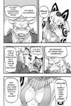 anthro breasts cheetah cleavage clothed clothing comic common_hippopotamus daigaijin dialogue dress english_text felid feline female furryfight_chronicles glare hippopotamid laugh male mammal monochrome nyarai_(furryfight_chronicles) speech_bubble text