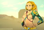 blonde_hair bodily_fluids breasts casual_exposure clothed clothing female glistening glistening_body hair humanoid_pointy_ears nipples not_furry pointy_ears solo sweat spookiarts breath_of_the_wild nintendo the_legend_of_zelda princess_zelda human humanoid hylian mammal