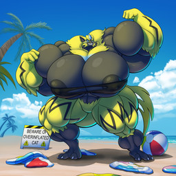 anthro areola areola_slip ball beach beach_ball big_breasts big_muscles breasts clothing eyewear female flexing glasses growth huge_breasts huge_muscles hyper hyper_biceps hyper_breasts hyper_muscles implied_inflation inflatable inflation muscle_growth muscle_inflation muscular nipple_outline palm_tree plant solo torn_clothing tree warning_sign clock-face nintendo pokemon zee_(notsobretheren) generation_7_pokemon legendary_pokemon pokemon_(species) zeraora 1:1 absurd_res hi_res