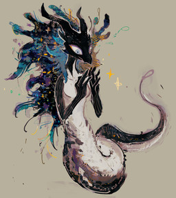 2_horns anthro apode black_body breasts cosmic_hair ethereal_hair female hair horn legless long_hair looking_down multicolored_hair painterly serpentine simple_background solo sparkles sparkling_hair tail tapering_tail three-quarter_view hakugin mythology draconcopode dragon eastern_dragon mythological_creature mythological_scalie scalie 2017