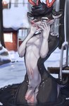 2019 aki_(zackary911) anthro antlers balls balls_blush blue_eyes blush bodily_fluids body_blush casual_nudity cold cold_temperature_play conditional_dnp crotch_tuft deer detailed_background digital_media_(artwork) english_text femboy flaccid foreskin front_view genitals hand_on_cheek hand_on_face hi_res horn humanoid_genitalia humanoid_penis looking_at_self male mammal navel new_world_deer nude open_mouth outdoor_nudity outside partially_retracted_foreskin patreon patreon_logo penis reindeer saggy_balls scut_tail shaded shaking shivering short_tail skinny_dipping snot snow solo standing tail teeth temperature_play text thick_thighs tongue tuft two_tone_tail url vein veiny_penis water white_tail zackary911