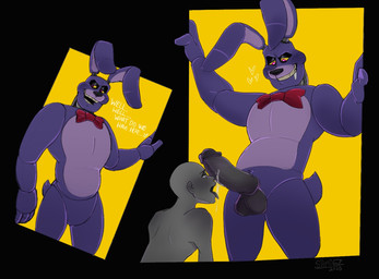anthro balls black_balls black_eyelids black_glans black_penis blush bodily_fluids bow_tie dialogue duo genitals glans grey_body heart_eyes heart_symbol humanoid_genitalia humanoid_penis machine male nude penis purple_arms purple_body purple_fingers purple_tail red_bow_tie saliva saliva_on_penis saliva_on_tongue saliva_string simple_background solo_focus standing tail text white_text year yellow_sclera shmogzoblivion five_nights_at_freddy's scottgames bonnie_(fnaf) animatronic lagomorph leporid mammal rabbit robot digital_media_(artwork) english_text multiple_scenes signature