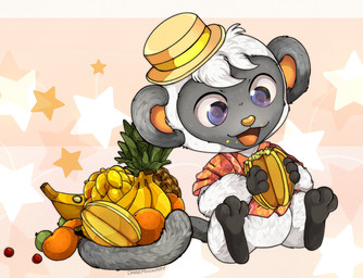 anthro banana berry clothing eating food fruit hat headgear headwear male orange_(fruit) pineapple plant shirt sitting smile solo star starfruit topwear darkmoonray animal_crossing nintendo niko_(animal_crossing) grey_langur haplorhine langur mammal monkey old_world_monkey primate hi_res