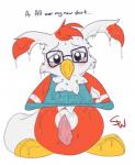 beak blush bodily_fluids bottomless clothed clothing dialogue drooling drooling_onto_other erection excessive_drooling excessive_saliva eyewear genitals glasses male penis saliva solo tapering_penis text shinywark nintendo pokemon skye_(delibird) delibird generation_2_pokemon pokemon_(species) english_text