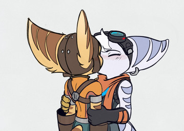 anthro clothing cybernetic_arm cybernetic_limb duo ear_piercing ear_ring eyes_closed eyewear eyewear_on_head female fur gloves goggles goggles_on_head grey_background hair handwear kissing male male/female piercing ring_piercing simple_background tail white_body white_fur white_hair yellow_body yellow_fur time_fluffy500 ratchet_and_clank sony_corporation sony_interactive_entertainment ratchet_(ratchet_and_clank) rivet_(ratchet_and_clank) lombax mammal