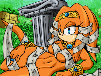 abs bracelet breasts convenient_censorship female gold_(metal) gold_bracelet gold_jewelry jewelry looking_at_viewer lying medium_breasts on_side orange_body outside pillar smile tail wraps randomguy999 sega sonic_adventure sonic_the_hedgehog_(series) tikal_the_echidna echidna mammal monotreme 4:3 absurd_res hi_res