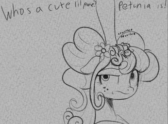 duo female feral grumpy headpat text cosmonaut hasbro my_little_pony rainbow_roadtrip anon petunia_petals equid equine horse mammal pony digital_drawing_(artwork) digital_media_(artwork) english_text monochrome
