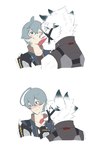 anthro blush duo embarrassed fur grey_hair hair harness leather leather_harness licking male male/male neck_lick tongue tongue_out white_body white_fur sayoasa mihoyo zenless_zone_zero von_lycaon wise_(zenless_zone_zero) canid canine canis human mammal wolf