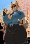 ambiguous_gender anthro belt beverage big_breasts blush bodily_fluids breasts clothed clothing coffee crumbs curvy_figure dessert doughnut duo eating eyewear female food larger_female necktie pastry police police_officer public shirt size_difference smaller_ambiguous solo_focus sunglasses sweat topwear unbuttoned_shirt voluptuous wide_hips kissxmaker anon k9_(kissxmaker) canid canine canis domestic_dog mammal absurd_res hi_res