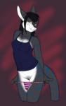 anthro black_hair black_pussy blue_markings bottomless clothed clothing female genitals grey_body hair looking_at_viewer markings panties panties_down partially_clothed pussy solo tail underwear underwear_down undressing os avaetre unknown_species 2016 hi_res