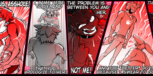 4_fingers aggressive angry annoyed anthro argument belly big_breasts breasts buckteeth claws clothing cross-popping_vein dialogue duo female finger_claws fingers inner_ear_fluff intimidation jacket larger_male long_ears male motion_lines muscular muscular_female navel pointy_ears prick_ears profanity pupils red_background red_eyes sharp_teeth simple_background size_difference slap_mark slightly_chubby slightly_chubby_female slim_male smaller_female teeth text topwear tuft white_background softbunnyhouse fatima_coco tod_(softbunnyhouse) hyena lagomorph leporid mammal rabbit absurd_res black_and_white comic digital_drawing_(artwork) digital_media_(artwork) english_text hi_res monochrome multiple_scenes