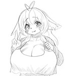 :3 anthro big_breasts breasts cleavage clothed clothing female fur gesture hair hand_gesture kemono looking_at_viewer shirt smile solo stripes tank_top topwear v_sign kagarimachi_ame domestic_cat felid feline felis mammal monochrome sketch