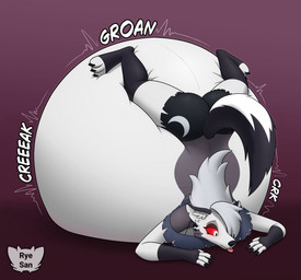 3_toes 4_fingers anthro belly big_belly black_claws black_nose blep bottomwear breast_squish breasts claws clothed clothing eyebrows feet female fingerless_gloves fingers footwear fur gloves grey_body grey_fur hair handwear huge_belly immobile inflation inner_ear_fluff multicolored_body multicolored_fur pink_tongue shirt shorts socks solo squish tail toeless_footwear toeless_socks toes tongue tongue_out topwear tuft white_eyes white_hair white_inner_ear_fluff ryesan hellaverse helluva_boss mythology loona_(helluva_boss) canid canid_demon canine demon hellhound mammal mythological_canine mythological_creature hi_res