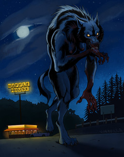anthro black_body black_fur blood blood_on_face blood_on_hand blood_spatter blood_splatter bodily_fluids breasts claws digitigrade evergreen_tree female forest full_moon fur glowing glowing_eyes guardrail hand_lick licking massacre moon night nude outside personal_grooming pine_tree plant restaurant sign solo star text tongue tongue_out tree truck vehicle walking window yellow_eyes paul_defenbaugh mythology waffle_house canid canine mammal mythological_canine mythological_creature werecanid werecanine werecreature werewolf english_text hi_res