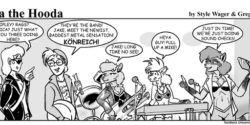 anthro bra breasts chest_tuft clothed clothed_female clothed_male clothing dialogue drumstick_(musical) electric_guitar electronics eyewear female fishnet_bra fishnet_clothing fishnet_underwear fur glasses group guitar hair hat headgear headwear jacket keyboard_instrument male microphone midriff musical_instrument musical_keyboard open_clothing open_jacket open_shirt open_topwear plucked_string_instrument shirt string_instrument sunglasses text topwear tuft underwear style_wager dela_the_hooda jake_mcross jason_(dela_the_hooda) jessica_(dela_the_hooda) rags_(style_wager) ripley_rat human mammal mouse murid murine procyonid raccoon rat rodent 2003 comic english_text greyscale monochrome