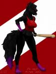 anthro black_body black_fur breasts clothing dipstick_tail electronics female fur gloves_(marking) hair haircut hand_on_hip hat headgear headphones headset headwear holding_bat holding_object leg_markings leggings legwear markings monotone_body monotone_fur nipple_outline purple_markings purple_tail_tip red_clothing red_eyes red_topwear shirt simple_background smile socks_(marking) solo standing tail tail_markings topwear plejman team_fortress_2 valve noname_(nonthyl) scout_(team_fortress_2) canid canine canis mammal wolf 2018 hi_res