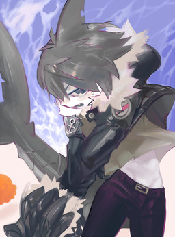 anthro big_head black_hair bodily_fluids bottomwear clothed clothing fin fully_clothed hair head_fin jacket jewelry leather leather_clothing leather_jacket leather_topwear looking_at_viewer male midriff necklace open_mouth outside pants shark_tail sharp_teeth shirt solo sweat tail tail_fin teeth topwear young mighty-whydah wadanohara_and_the_great_blue_sea samekichi aquatic fish shark 2019 digital_media_(artwork) digital_painting_(artwork) painting_(artwork)