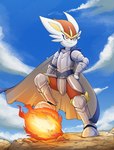 armor cape clothing cloud fire fireball fur knight land male pyroball raised_leg sky smile solo warrior white_body white_fur otakuap nintendo pokemon cinderace generation_8_pokemon lagomorph leporid mammal pokemon_(species) 2022 hi_res