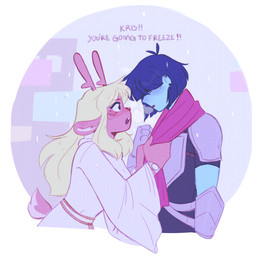 ambiguous_gender ambiguous_human anthro antlers armor armor_plates blonde_hair blue_body blue_hair blue_skin brown_body brown_fur clock clothing cold covered_eyes dialogue duo female freckles freezing fur hair horn knight red_nose robe scarf tail text warrior watch wristwatch jxitrash deltarune undertale_(series) kris_dreemurr noelle_holiday cervine deer human mammal new_world_deer reindeer 2022 english_text hi_res