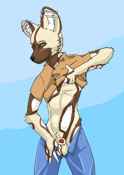 animal_genitalia animal_penis anthro bottomwear brown_body brown_fur canine_genitalia canine_penis clothed clothing clothing_lift denim denim_bottomwear denim_clothing ear_piercing facial_markings flaccid fur genitals head_markings industrial_piercing industrial_piercing_ladder inner_ear_fluff jeans looking_at_viewer male markings muzzle_(marking) orange_eyes pants penis piercing presenting presenting_penis pulling_down_pants sheath shirt shirt_lift smile smiling_at_viewer smirk smirking_at_viewer solo topwear tuft white_body white_fur yellow_body yellow_fur devarg african_wild_dog canid canine mammal absurd_res hi_res