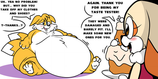 2_tails 3_toes 4_fingers anthro belly big_belly big_ears blush brown_ear_tips brown_eyes cake christmas_clothing clothed clothed_anthro clothed_female clothing clothing_removed dessert dialogue dipstick_ears dipstick_tail duo ear_markings feet female fingers food fully_clothed fully_clothed_anthro fully_clothed_female fur hat_removed holidays huge_belly immobile male markings morbidly_obese morbidly_obese_anthro morbidly_obese_male multi_tail multicolored_ears nude_anthro nude_male obese obese_anthro obese_male overweight overweight_anthro overweight_male removed_clothing removed_shirt shirt_removed shoes_removed speech_bubble sweets tail tail_markings tan_body tan_fur text toes white_belly white_mouth white_soles white_tail_tip yellow_body yellow_fur young floofyboyetime christmas sega sonic_the_hedgehog_(series) cream_the_rabbit miles_prower canid canine fox lagomorph leporid mammal rabbit 2022 comic english_text hi_res