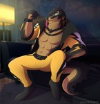 abs anthro biceps bottomwear clothed clothing fingers furniture looking_at_viewer male muscular muscular_anthro muscular_male open_clothing open_shirt open_topwear pants pecs plantigrade shirt sitting smile sofa solo tail tongue tongue_out topwear year yellow_bottomwear yellow_clothing yellow_pants leo-wolf epic_games fortnite thunder_(fortnite) komodo_dragon lizard monitor_lizard reptile scalie 2023 absurd_res hi_res signature