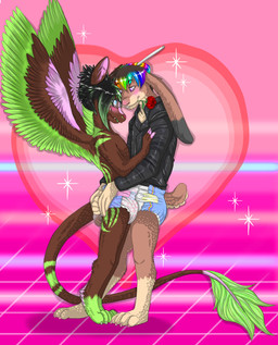 4_toes anthro anthro_on_anthro biped blush clothed clothing diaper digitigrade duo eyewear feathers feces feet flower fully_clothed fur glasses hair heart_symbol hug humanoid_hands male male/male multicolored_body multicolored_feathers multicolored_fur multicolored_hair object_in_mouth partially_clothed plant rose_(flower) scatplay simple_background soiled_diaper soiling squeezing_diaper standing tail toes touching_diaper unclean_diaper used_diaper wings unknown_artist mythology twixxel_minty angel_dragon dragon mythological_creature mythological_scalie scalie species_request character_request hi_res