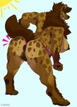 anthro anus bodily_fluids breasts butt digitigrade female genitals grin hand_on_butt looking_back mostly_nude nipples pubes pussy simple_background smile solo sun sweat sweaty_butt illbarks scaramouche_rotbelly gnoll hyena mammal male_(lore)