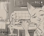 2020 anthro apron aralyre cake camera_view canid canine clothed clothing cross-popping_vein dessert detailed_background disney duo female food fox fully_clothed fur hi_res inktober inside judy_hopps kitchen lagomorph leporid looking_at_viewer male mammal nick_wilde rabbit recording red_fox signature sink standing true_fox zootopia