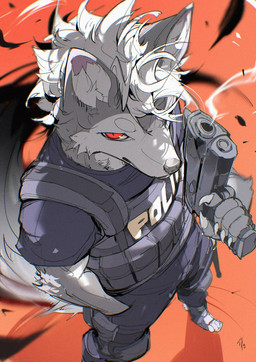 5_fingers anthro biped blue_bottomwear blue_clothing blue_footwear blue_shirt blue_shoes blue_shorts blue_topwear bottomwear bulletproof_vest claws clothed clothed_anthro clothed_male clothing countershade_arms countershade_face countershade_fur countershade_neck countershading digitigrade digitigrade_footwear finger_claws fingers footwear front_view fully_clothed fully_clothed_anthro fully_clothed_male fur furgonomic_footwear furgonomics grey_body grey_claws grey_countershading grey_fur grey_inner_ear_fluff gun hair hand_in_pocket handgun high-angle_view holding_gun holding_handgun holding_object holding_pistol holding_ranged_weapon holding_weapon inner_ear_fluff looking_at_viewer looking_up looking_up_at_viewer male mouth_closed multicolored_body multicolored_fur orange_background pink_inner_ear pistol pockets police police_uniform pupils ranged_weapon red_eyes red_pupils ringed_iris shirt shoes shorts simple_background smoke smoking_gun solo standing tail text text_on_clothing text_on_topwear toeless_footwear topwear tuft two_tone_body two_tone_fur uniform weapon white_clothing white_footwear white_hair white_sclera white_shoes chiayeeee canid canine canis mammal wolf 2025 digital_drawing_(artwork) digital_media_(artwork) english_text full-length_portrait hi_res portrait signature