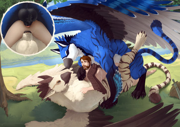 anal anal_penetration andromorph andromorph/male andromorph_penetrated balls bestiality black_balls blue_body blue_feathers brown_hair day double_penetration feathered_wings feathers feral feral_penetrating feral_penetrating_human from_behind_position genitals grass group hair human_on_feral human_penetrated intersex intersex/male intersex_penetrated interspecies lying male male_penetrating male_penetrating_andromorph male_penetrating_intersex markings mouth_closed narrowed_eyes nude on_back on_front on_top orange_eyes outside penetration penetration_close-up penile penile_penetration penis_in_ass penis_in_vagina plant sex short_hair striped_legs striped_markings striped_tail stripes tail tail_markings tree trio vaginal vaginal_penetration water white_balls white_body white_feathers wings satanic_monkey mythology arcturus_(theunscforces) pyretalon_(theunscforces) skywing_(theunscforces) avian gryphon human mammal mythological_avian mythological_creature hi_res