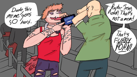anthro bald bloodshot_eyes cellphone clothed clothing detailed_background duo electronics feathers gesture hair hand_gesture headphones headphones_around_neck holding_cellphone holding_object holding_phone holding_smartphone male phone pink_body pink_hair pink_scales pointing purple_eyes red_body red_feathers scales smartphone talking_to_another text unknown_artist cavemanon_studios goodbye_volcano_high snoot_game anon_(snoot_game) reed_(gvh) dinosaur dromaeosaurid feathered_dinosaur feathered_scalie human mammal prehistoric_species reptile scalie theropod velociraptor 16:9 colored english_text widescreen