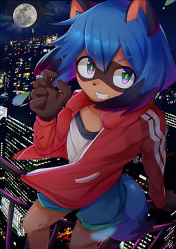 5_fingers anthro black_hair black_nose blue_body blue_eyes blue_hair brown_body brown_fur city clothed clothing female fingers fluffy fluffy_tail fur hair jacket kemono moon multicolored_hair night smile solo tail topwear natadeko_kitsune brand_new_animal netflix studio_trigger michiru_kagemori canid canine mammal raccoon_dog tanuki 2020 absurd_res hi_res portrait three-quarter_portrait