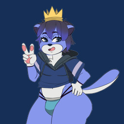 anthro big_butt black_hair blue_body blue_eyes blue_fur butt chibi clothing crop_hoodie crop_top crown curvy_figure femboy fur gesture hair hand_gesture headgear headwear jockstrap male pawpads paws shirt solo submissive topwear underwear v_sign wide_hips young young_anthro young_male polarbeark bolt_(otter) mammal mustelid otter 1:1 absurd_res alpha_channel hi_res