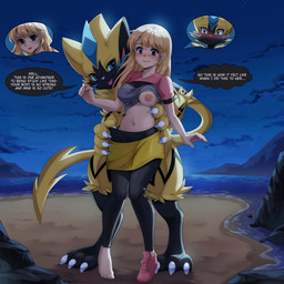 3_toes 4_fingers 5_fingers 5_toes ambiguous_gender anthro beach biped blonde_hair blue_eyes blush body_swap bottomwear breasts claws clothed clothed_female clothed_human clothing cloud dialogue duo exposed_breasts feet female female_human female_on_anthro finger_claws fingers footwear front_view fur hair human_on_anthro imminent_sex interspecies male male_anthro male_on_human navel night nude nude_ambiguous nude_anthro open_mouth open_smile outside sea shoes skirt sky smile speech_bubble standing star tail text toe_claws toes topwear_up water yellow_body yellow_fur yellow_tail donutella nintendo pokemon generation_7_pokemon human legendary_pokemon mammal pokemon_(species) zeraora 1:1 2025 absurd_res digital_drawing_(artwork) digital_media_(artwork) english_text hi_res