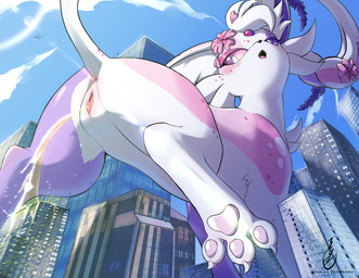 3_toes anus bodily_fluids building butt city claws digitigrade feet female female_peeing feral fur genital_fluids genitals low-angle_view macro pawpads paws peeing purple_eyes quadruped rail solo spread_toes tail thick_thighs toe_claws toes urine vulva white_body eryz nintendo pokemon eeveelution espeon generation_2_pokemon pokemon_(species) hi_res