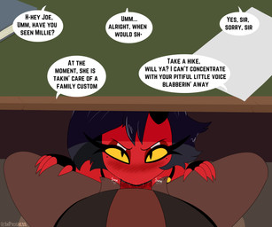 age_difference desk dialogue duo fellatio female female_focus furniture genitals haven't_seen_them infidelity inside looking_at_viewer male male/female oral penile penis sex stealth_sex sucking table text inprogress hellaverse helluva_boss joe_(helluva_boss) millie_(helluva_boss) demon imp 6:5 absurd_res english_text hi_res daughter_(lore) father_(lore) father_and_child_(lore) father_and_daughter_(lore) incest_(lore) parent_(lore) parent_and_child_(lore) parent_and_daughter_(lore)
