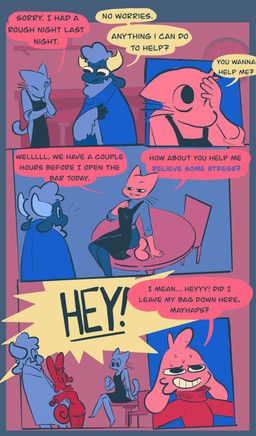 anthro bar bedroom_eyes bite biting_lip blue_body blue_fur bodily_fluids clothed clothing dialogue female fully_clothed fur furniture jealous male narrowed_eyes on_table pink_body pink_fur red_clothing red_shirt red_topwear seduction_failure seductive shirt sitting sitting_on_table smile speech_bubble sweat table text topwear whiskers vanilla_candy unicorn_blood_(comic) marigold_(unicorn_blood) saffron_(unicorn_blood) tulip_(unicorn_blood) bovid caprine domestic_cat felid feline felis lagomorph mammal sheep absurd_res comic english_text hi_res restricted_palette