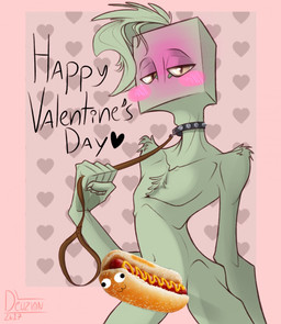 :3 blush collar food food_censorship green_body half-closed_eyes heart_symbol hot_dog humor leash leash_pull looking_at_viewer male narrowed_eyes not_furry skinny solo spiked_collar spikes deuzion endertwinks_(species) humanoid unknown_species 2017 censored hi_res