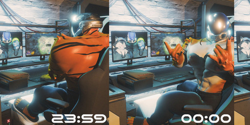 anthro armor big_muscles big_pecs claws clothing computer_monitor computer_mouse devil_horns_(gesture) footwear gaming gaming_chair gesture hand_gesture headgear helmet holidays keyboard male muscular muscular_male pecs playing_video_game sandals shirtless_male shoes solo space_helmet toe_claws rtzero new_year new_year_2026 clayton_(rtzero) cobalt_(rtzero) griff_(rtzero) bengal_tiger felid mammal pantherine tiger hi_res