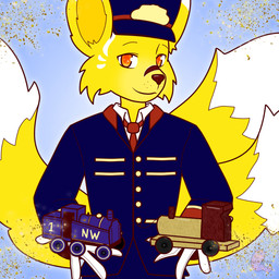 3_tails accessory anthro clothing conductor_hat gold_dust multi_tail necktie smile solo suit tail toy_train wormwhimsy mattel pbs shining_time thomas_and_friends thomas_and_the_magic_railroad_(movie) chrom_wolfox_(lescarletsinger) lady_(thomas_and_friends) mr._conductor_(shining_time) thomas_the_tank_engine canid canine canis fox hybrid mammal wolf 1:1 hi_res