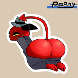 big_butt bottomwear bottomwear_down bubble_butt butt clothed clothing empty_eyes hat headgear headwear horn huge_butt looking_back male mooning pants pants_down partially_clothed raised_tail red_body smile solo spade_tail tail pooncartoonist hellaverse helluva_boss demon imp 1:1 hi_res